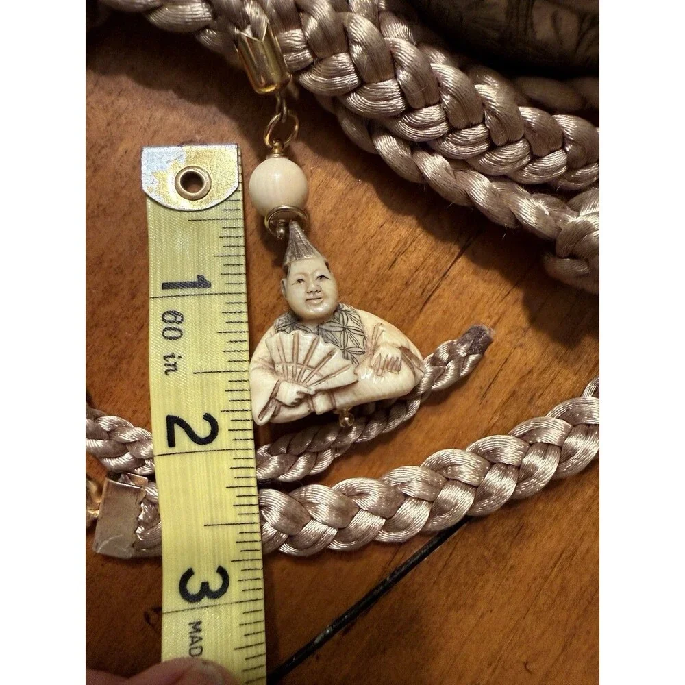 Vintage Japanese Netsuke Man Holding Fan Signed Very Long Cord Braided